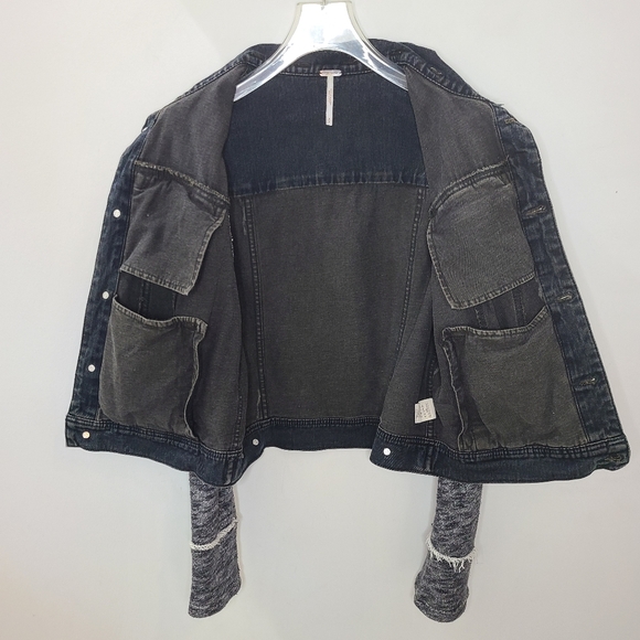 Free People Black Mixed Media Space Dye Knit Denim Jean Jacket Sz M - Picture 11 of 16